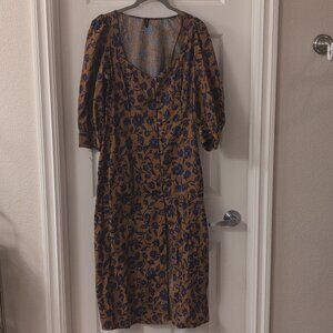 Zara Brown Blue Floral Puff Sleeve Midi Dress Button V-Neck Size M
